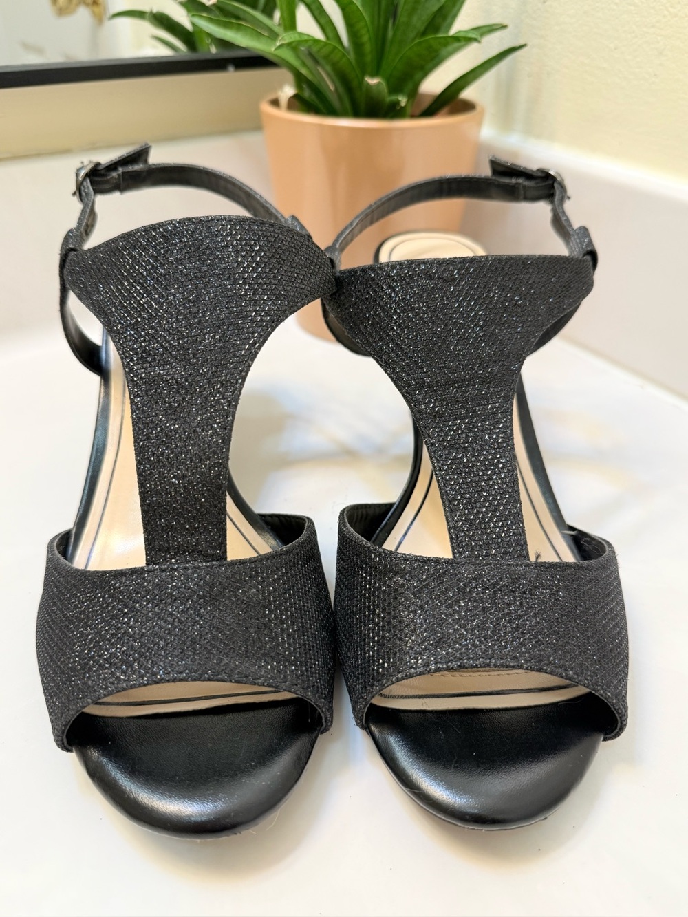Marbella Womens Black Glitter Strappy Ankle Strap Open Toe Heel Size 11W